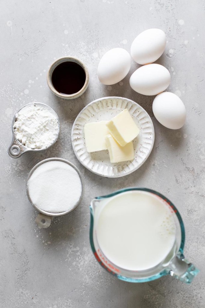 Overhead view of the ingredients needed to make pastry cream filling. 