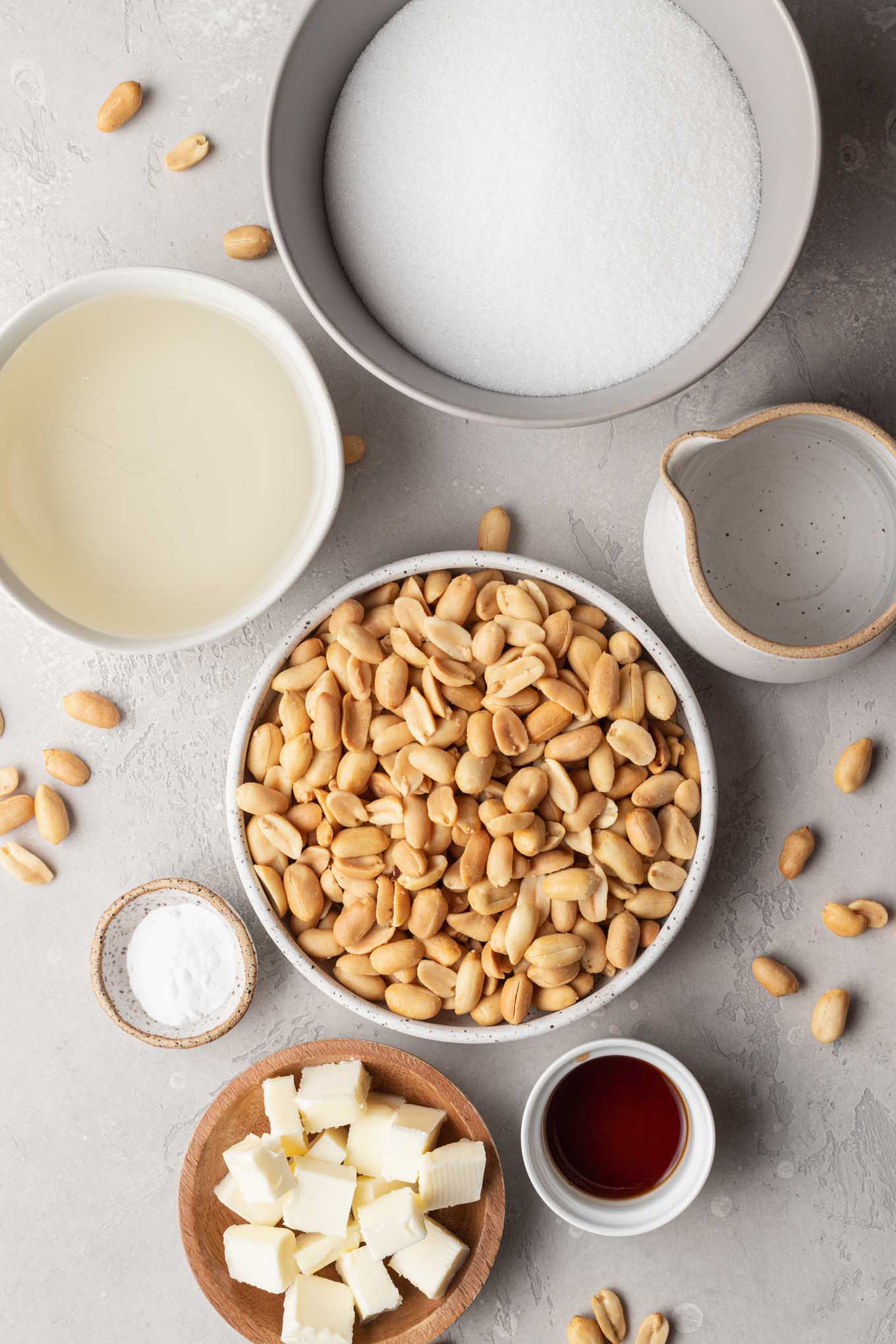 An overhead view of the ingredients needed for old-fashioned peanut brittle. 