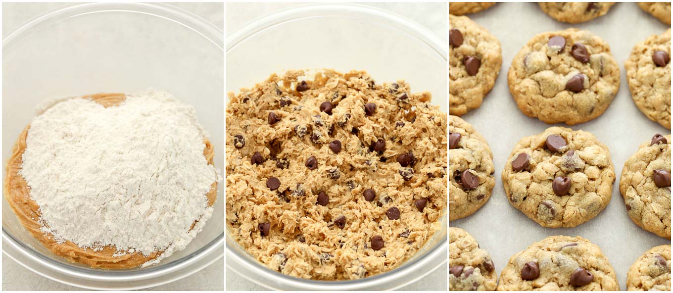 A collage image of the peanut butter oatmeal cookie dough mixed together and baked.