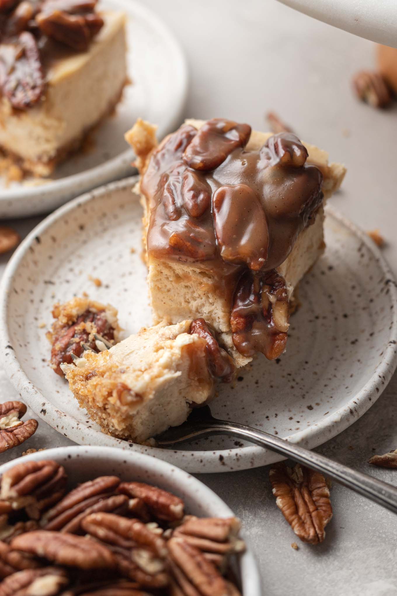 A slice of cheesecake with pecan topping on a speckled dessert plate. 