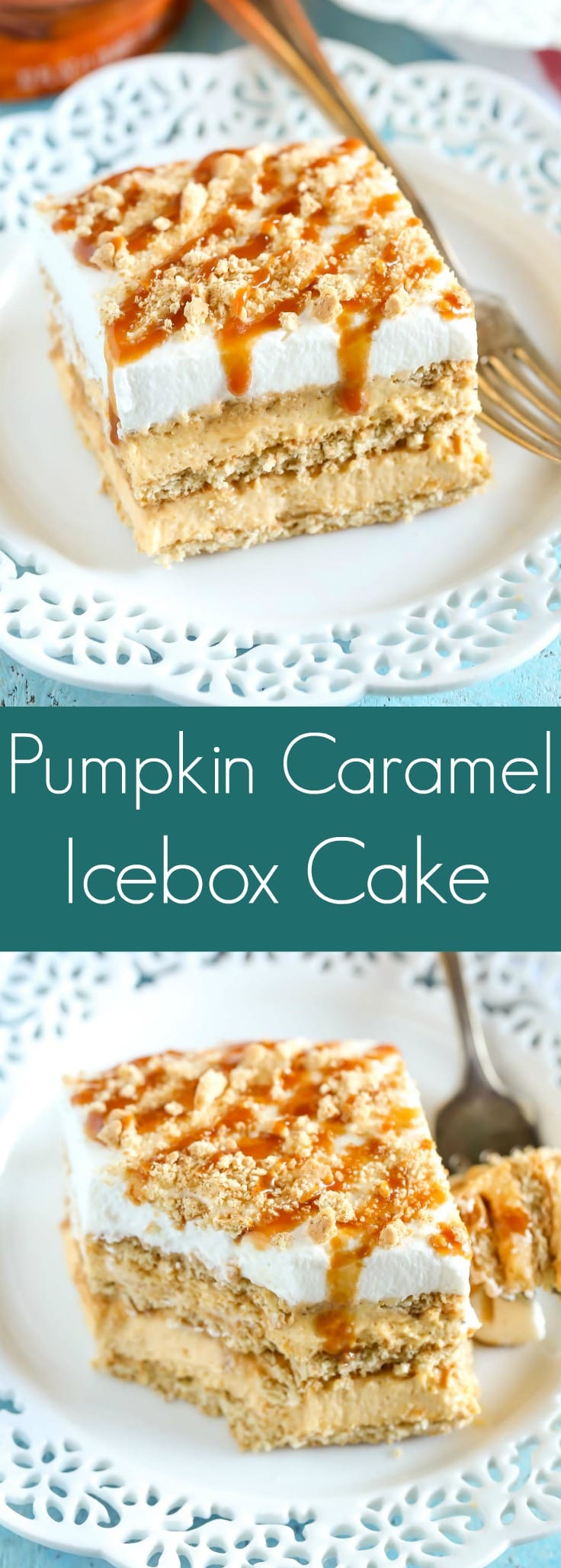 Layers of graham crackers, no-bake pumpkin spice cheesecake filling, and caramel topped off with homemade whipped cream. This No-Bake Pumpkin Caramel Icebox Cake is an easy and delicious fall dessert!