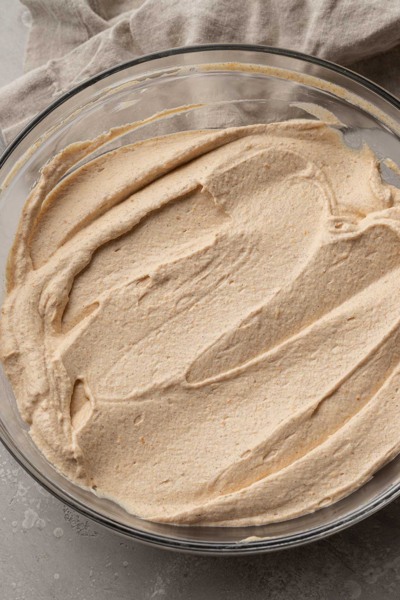 An overhead view of the pumpkin ice cream base, ready to be frozen. 