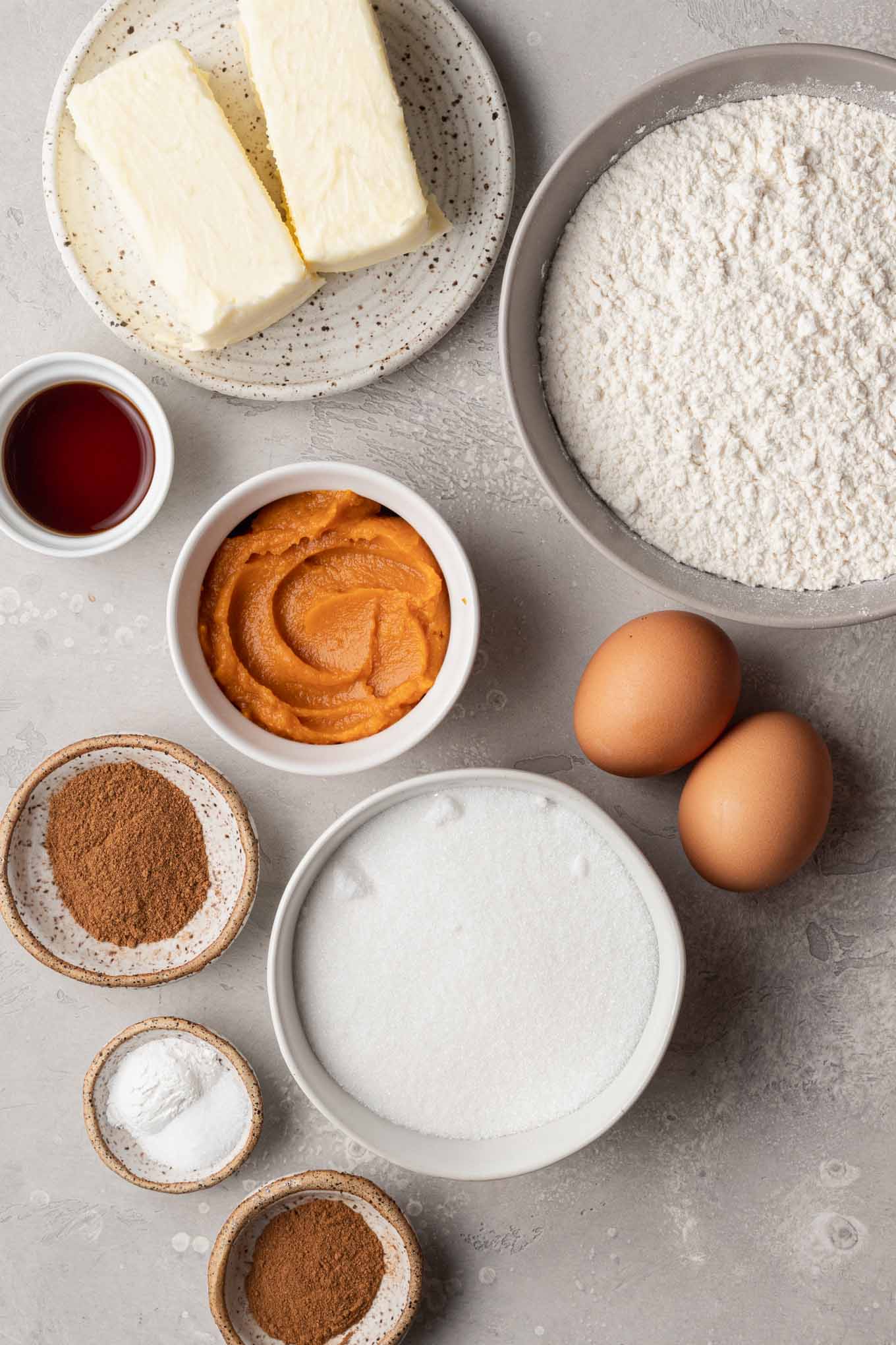 An overhead view of the ingredients needed to make pumpkin sugar cookies. 