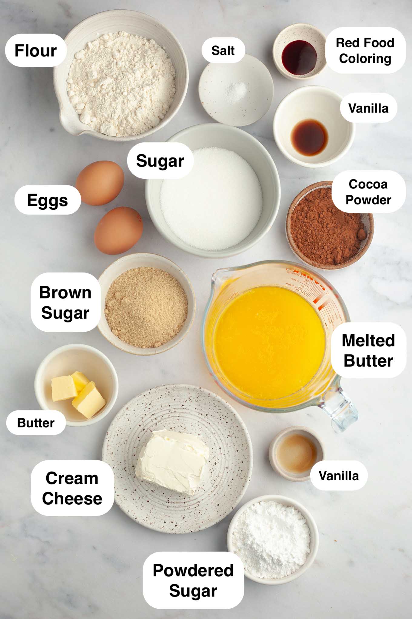 An overhead view of the various ingredients needed to make these red velvet brownies. 