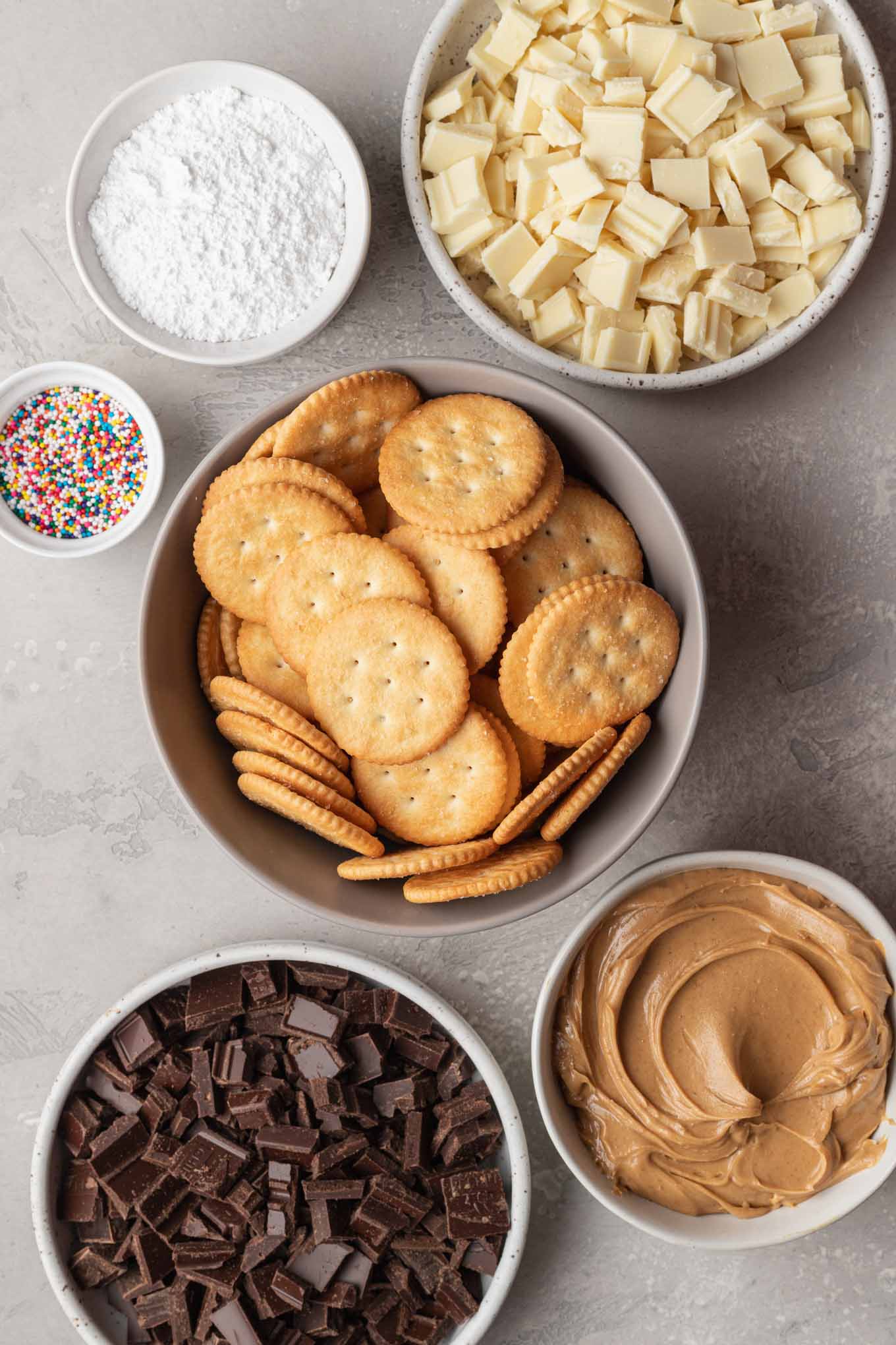 An overhead view of the ingredients needed for Ritz cookies. 