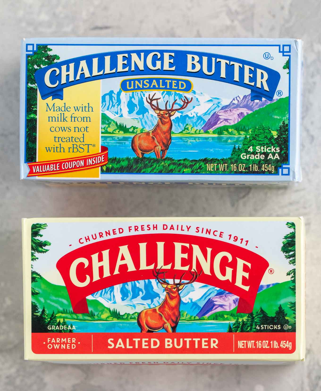 A box of unsalted butter and salted butter laying side by side.