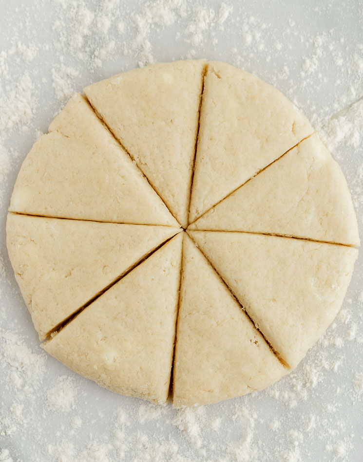 Scone dough cut into even pieces and flour dusted around it.