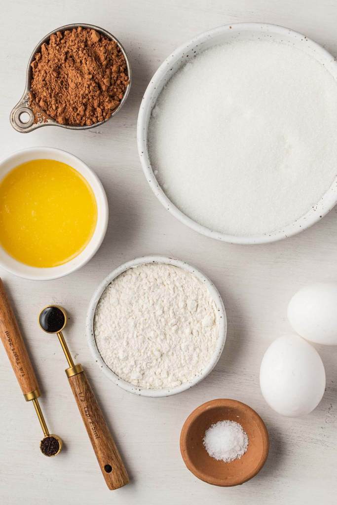 An overhead view of the ingredients needed to make small batch brownies. 