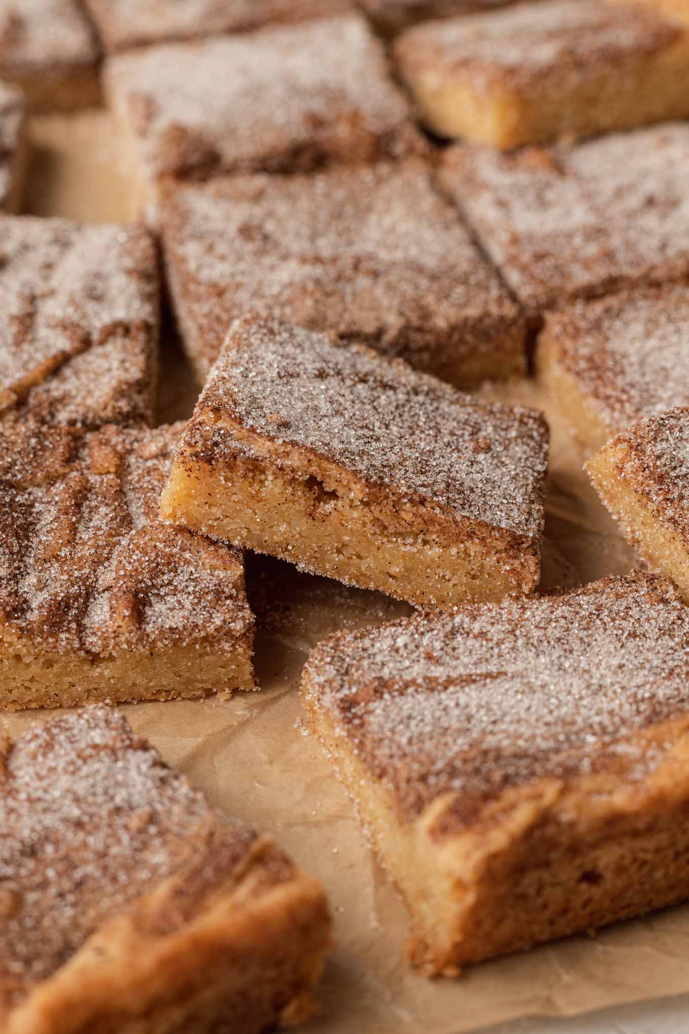 A side view of sliced snickerdoodle blondies on parchment paper. One cookie is propped up in the middle. 