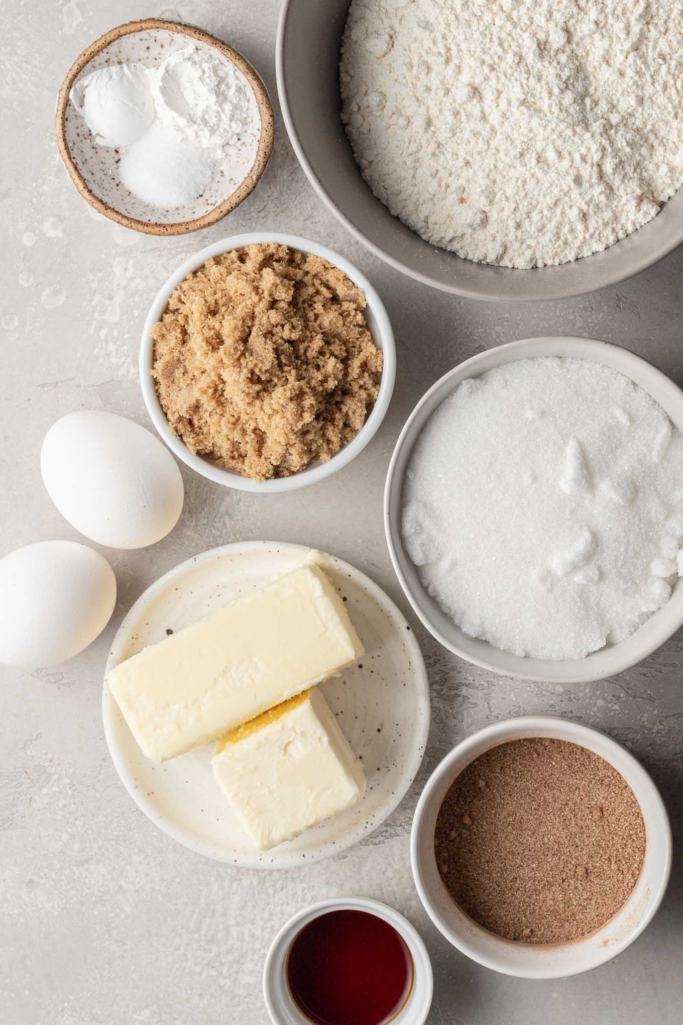 An overhead view of the ingredients needed for snickerdoodle blondies. 