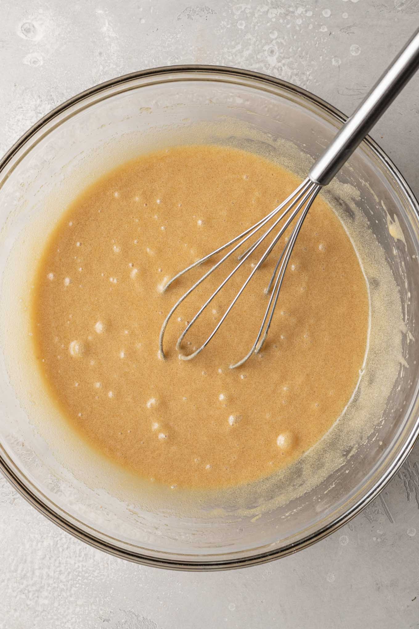 An overhead view of the wet ingredients in snickerdoodles. 