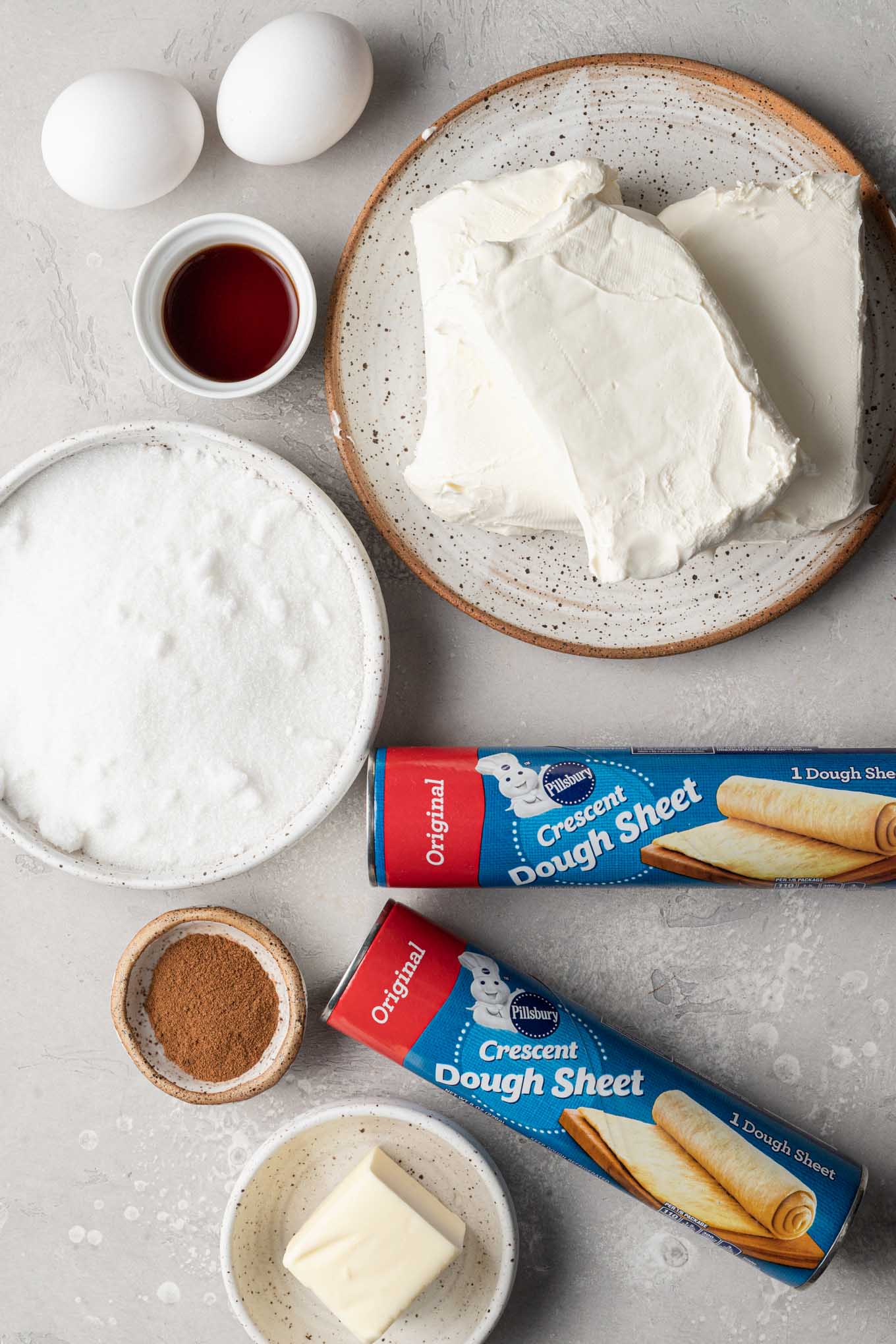 An overhead view of the ingredients used for sopapilla cheesecake. 