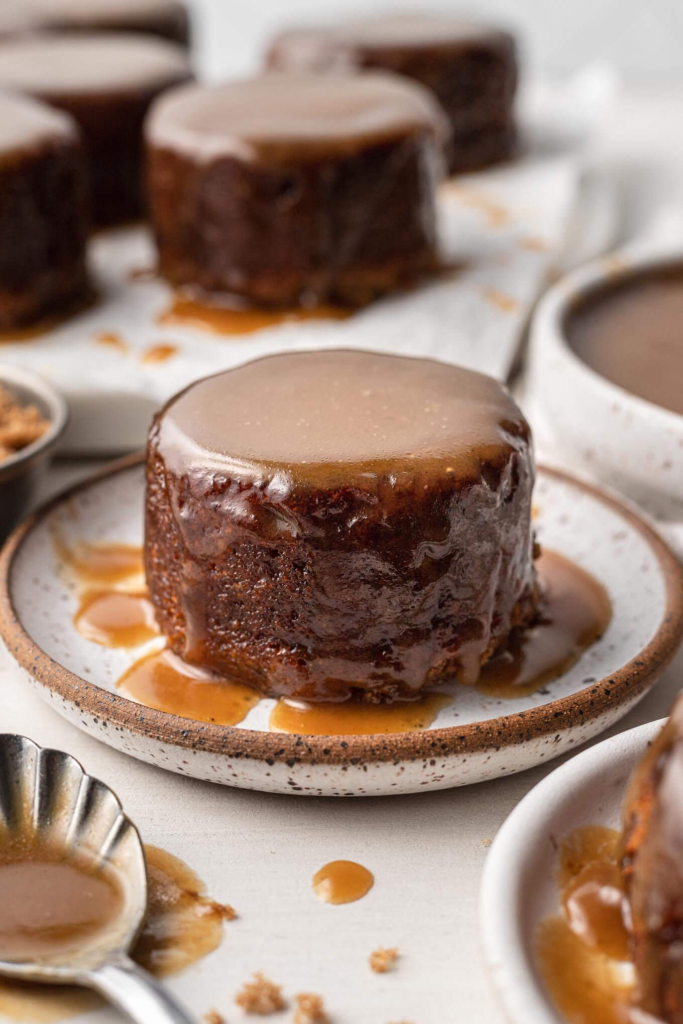 A sticky toffee pudding on a speckled plate. More rest in the background. 