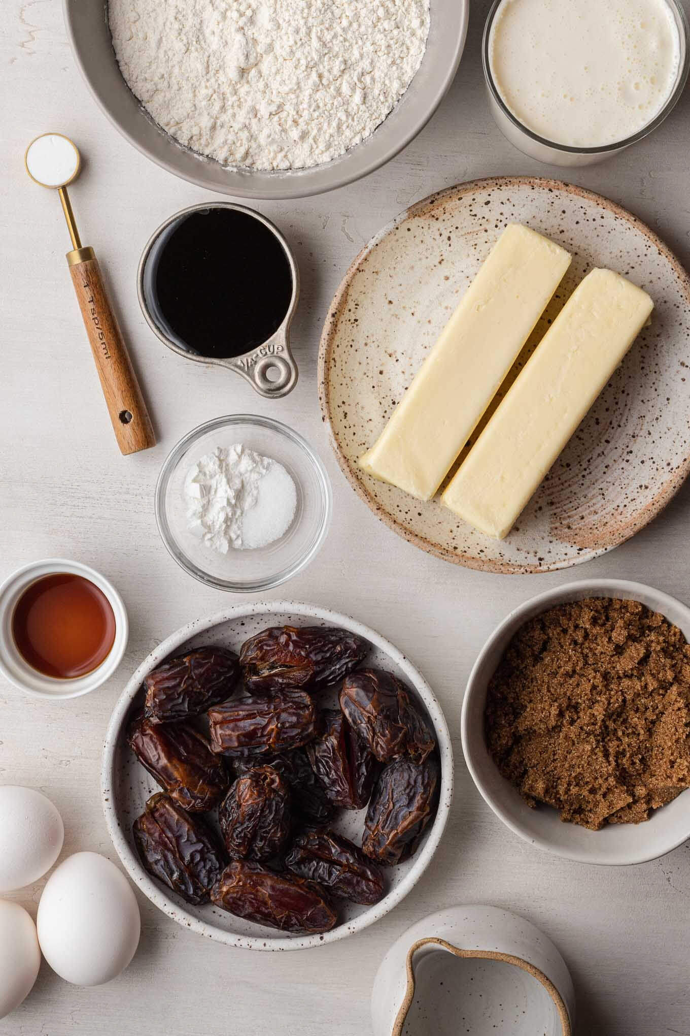 Overhead view of the ingredients needed for this sticky toffee pudding recipe. 