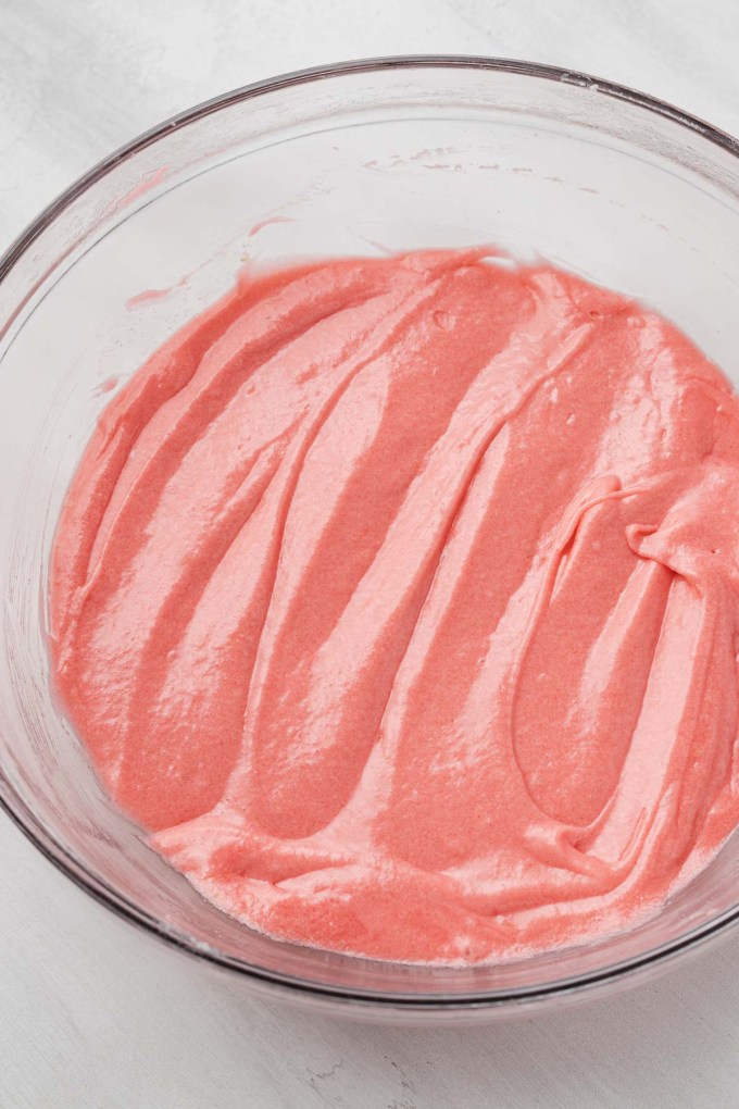 An overhead view of the wet ingredients mixed together for strawberry pound cake.