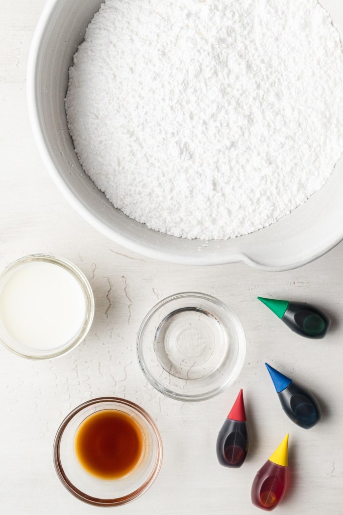 An overhead view of the ingredients needed to make sugar cookie icing.