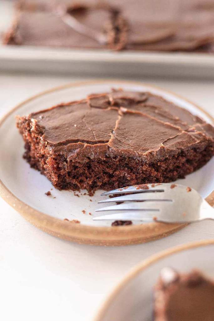 A front view of a piece of Texas chocolate sheet cake with a bite missing on a small white plate. 