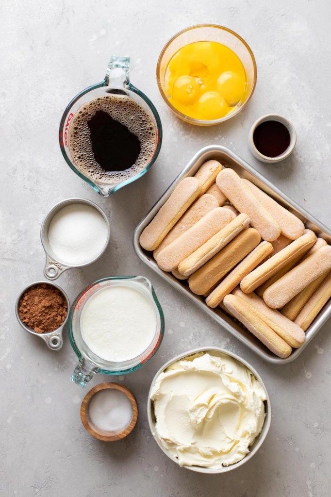 Overhead view of ingredients needed for the best tiramisu recipe. 