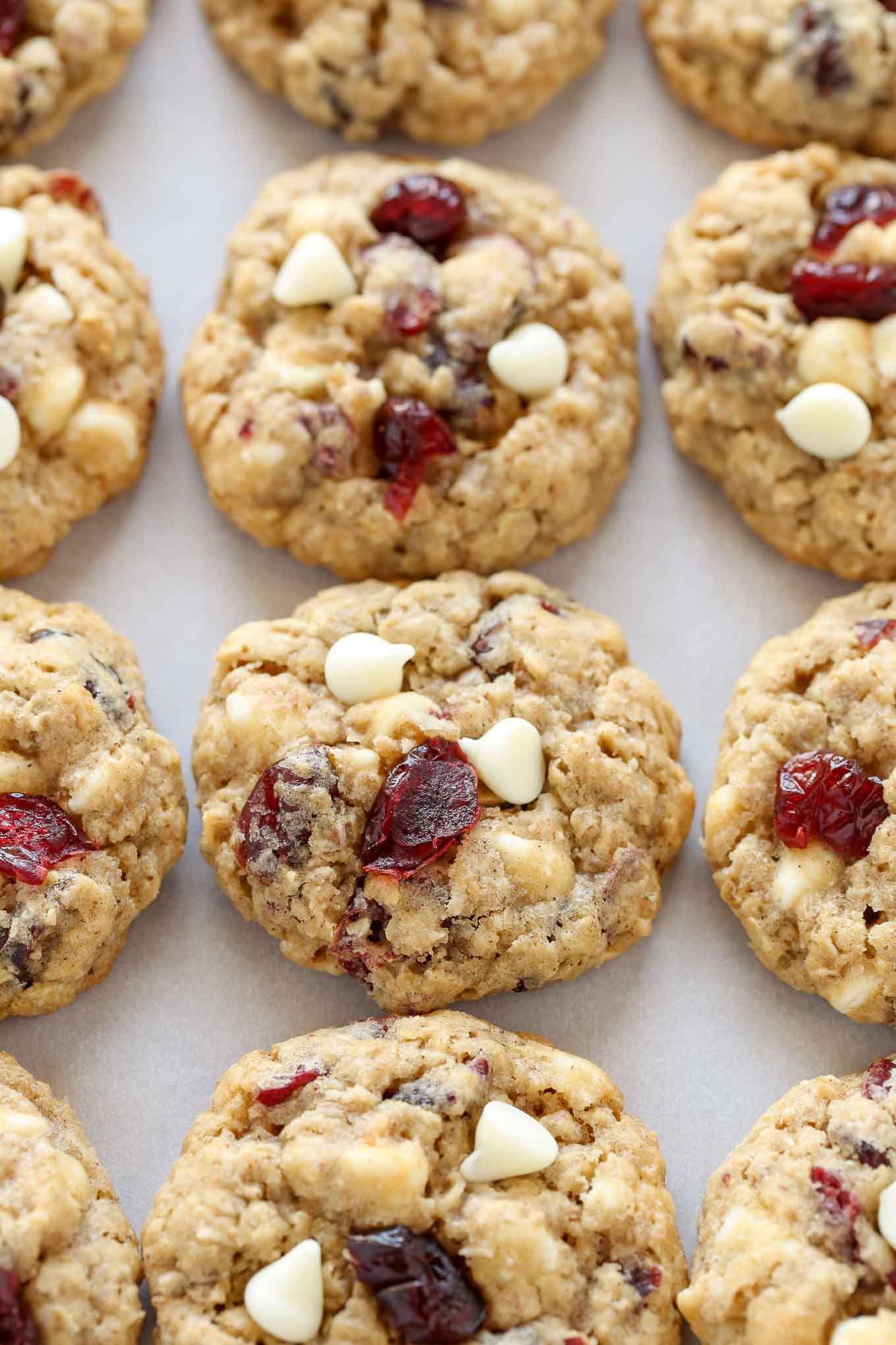 Close up view of oatmeal cranberry cookies lined up on a baking sheet. 