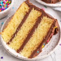 A slice of yellow cake on a white speckled plate.