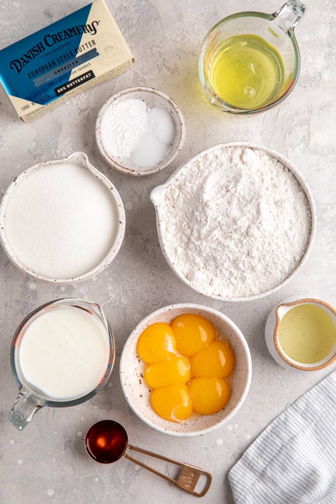 An overhead view of the ingredients needed to make this cake recipe.